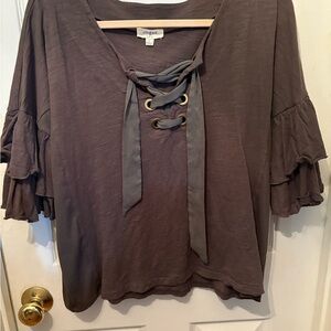 Umgee Brown Ruffled Tie Front‎ Blouse